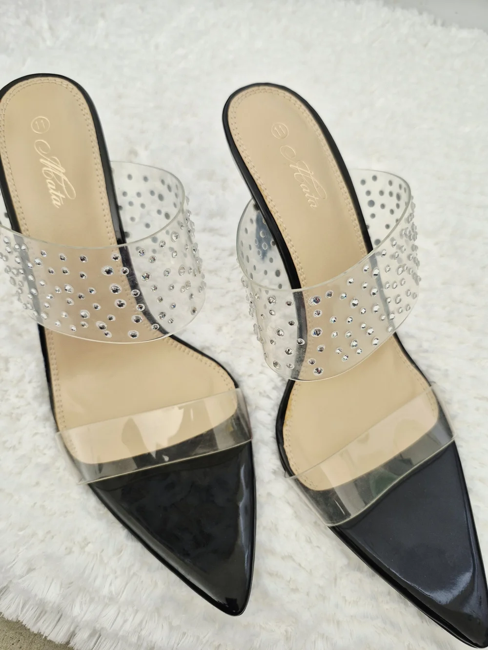 Clear Rhinestone Strap Black Pointed-Toe Heels